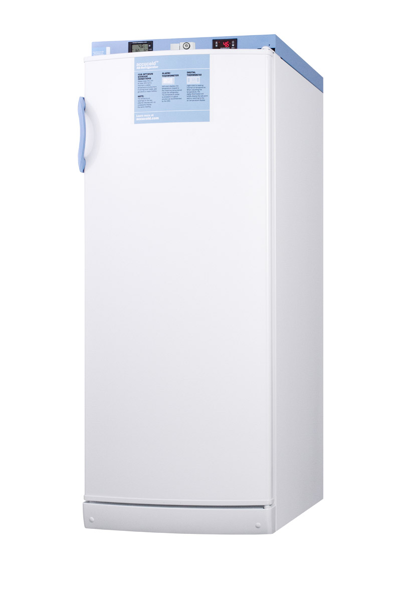 10.1 cu.ft. upright auto defrost medical/scientific all-refrigerator with digital thermostat and NIST calibrated thermometer/alarm; includes front lock, hospital grade cord, and internal fan